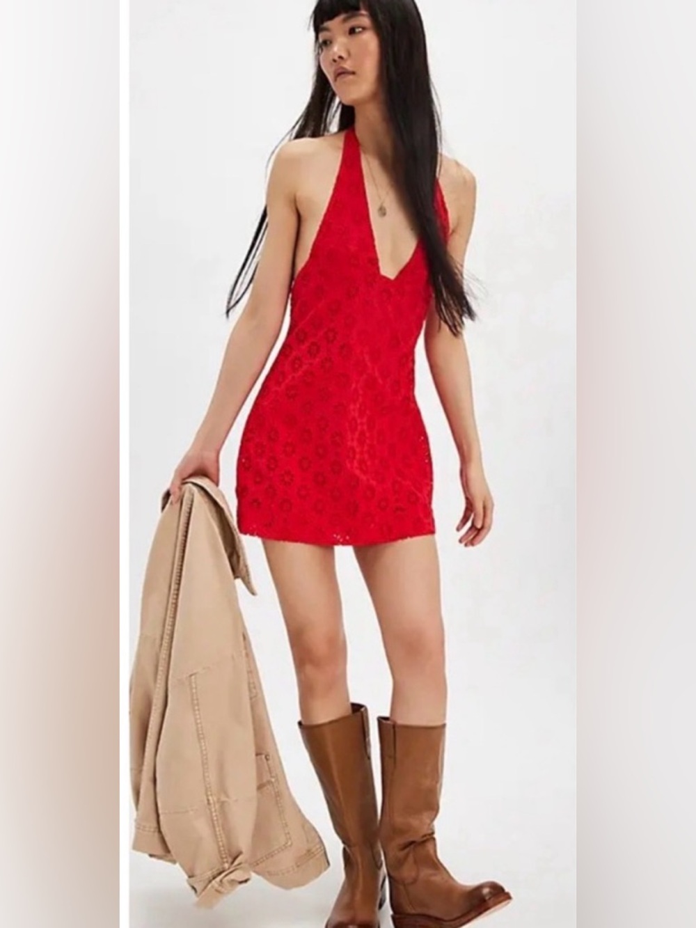 NWT Free People Women's Red Trevi Eyelet Mini Dress